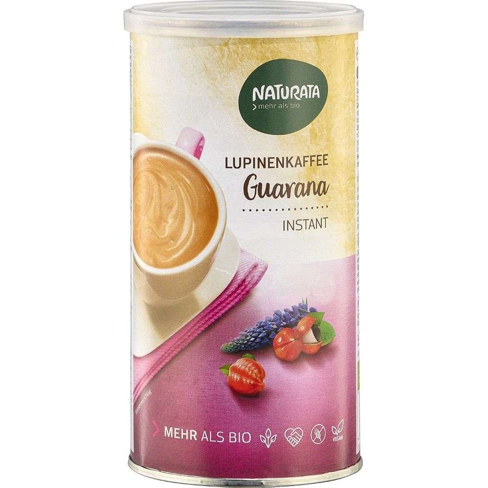 Inlocuitor instant de cafea cu lupin și guarana Naturata, 150g, cutie albă și mov cu imagine cafea.