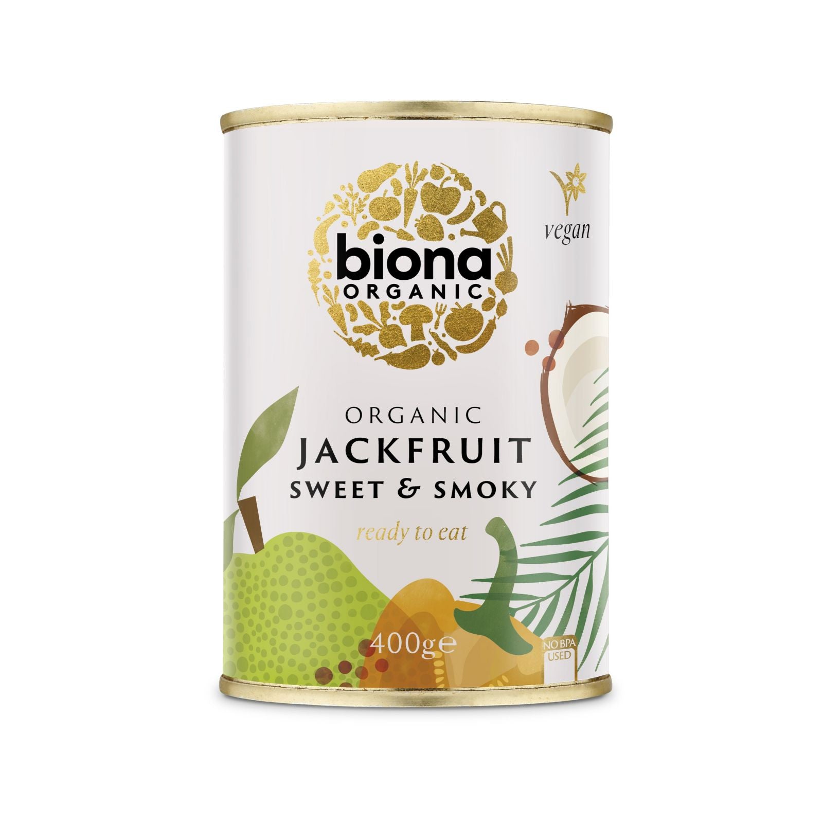 Jackfruit dulce afumat eco Biona 400g, etichetă albă cu design auriu și ilustrații tropicale.