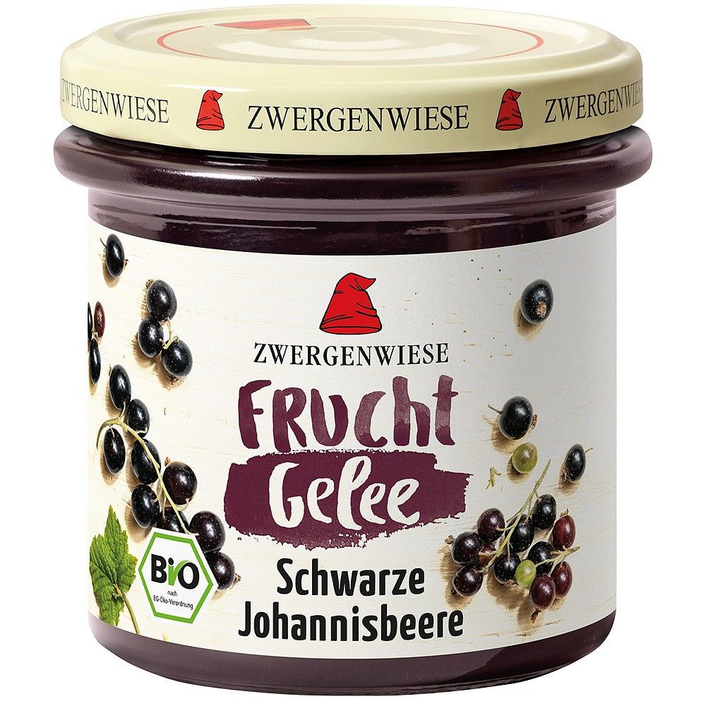 Jeleu bio coacăze negre fără gluten Zwergenwiese 160g, etichetă cu fructe negre și logo roșu.