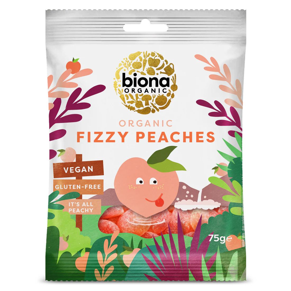 Jeleuri bio cu aroma de piersici, ambalaj colorat 75g, Biona, fără gluten, vegan.