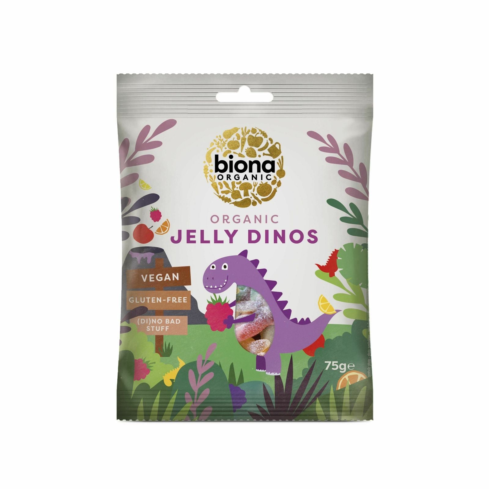 Jeleuri Dinos eco Biona 75g, vegan, culori variate, ambalaj cu dinozaur mov, fără gluten.