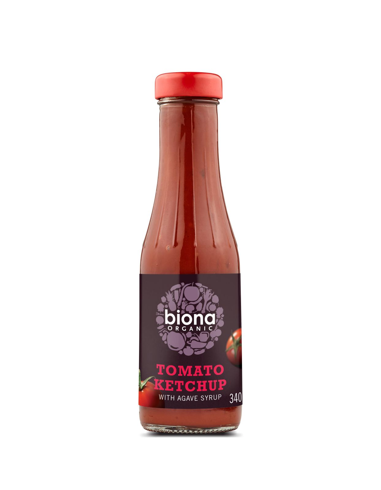 Ketchup Biona eco cu sirop de agave, 340g, sticlă cu capac roșu.