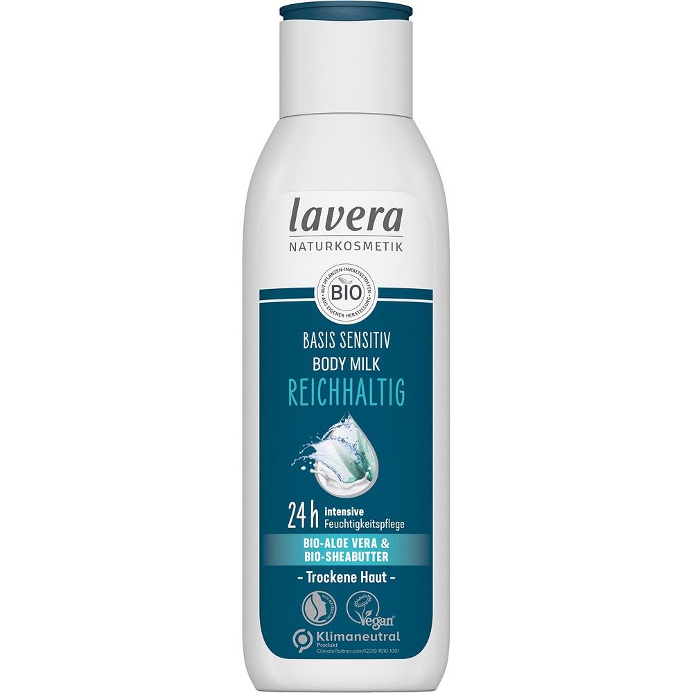 Lapte de corp Lavera, aloe vera bio, unt de shea bio, 250ml, etichetă verde și albă.