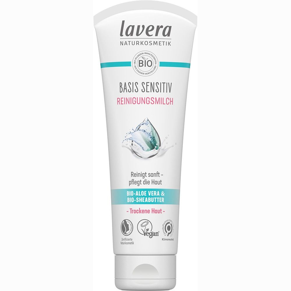 Lapte demachiant Lavera cu aloe vera bio și unt de shea pentru piele uscată, tub alb 125 ml.