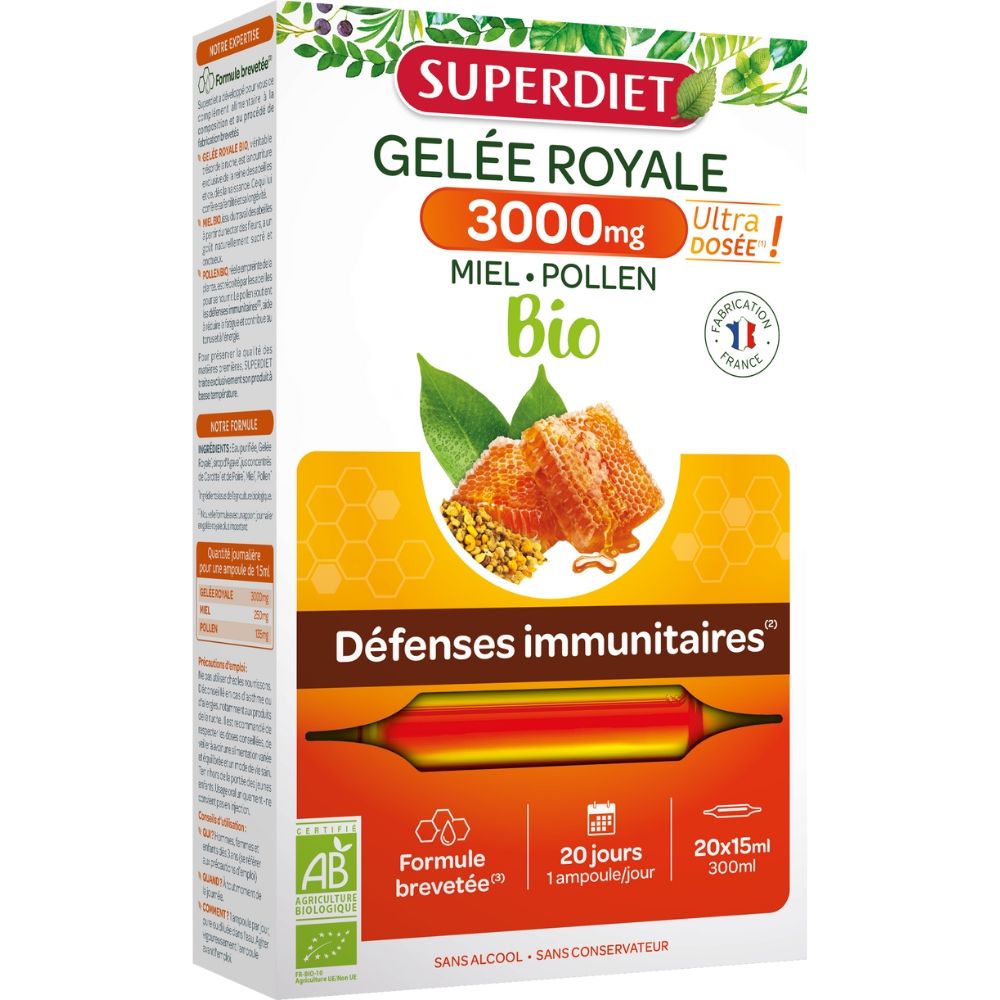 Lăptișor de matcă Gelee Royale 3000 mg BIO, cutie 20 fiole x 15ml, Superdiet, ambalaj alb-verde-portocaliu.