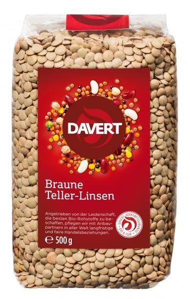 Linte maro bio 500g Davert, ambalaj transparent, etichetă roșie cu logo Davert.