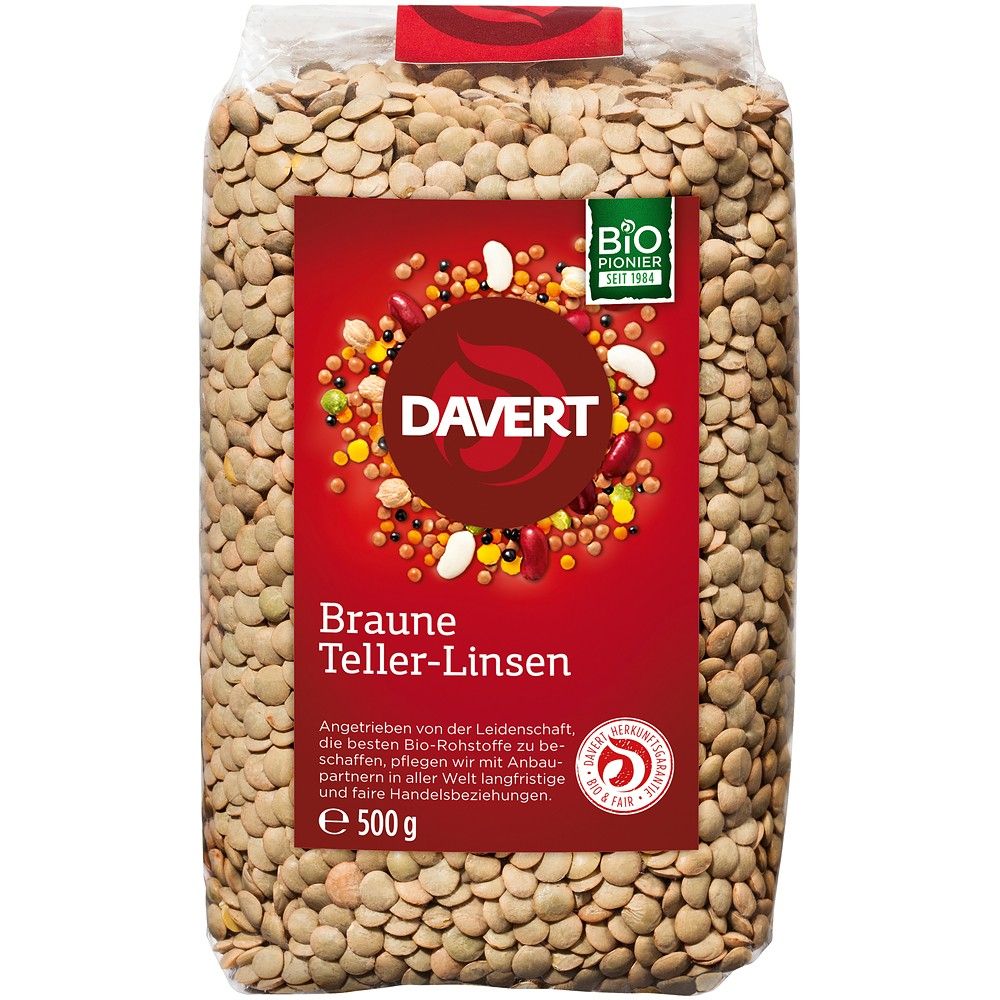 Pachet linte maro bio Davert 500g, textură fină, etichetă roșie, certificare Bio Pionier.