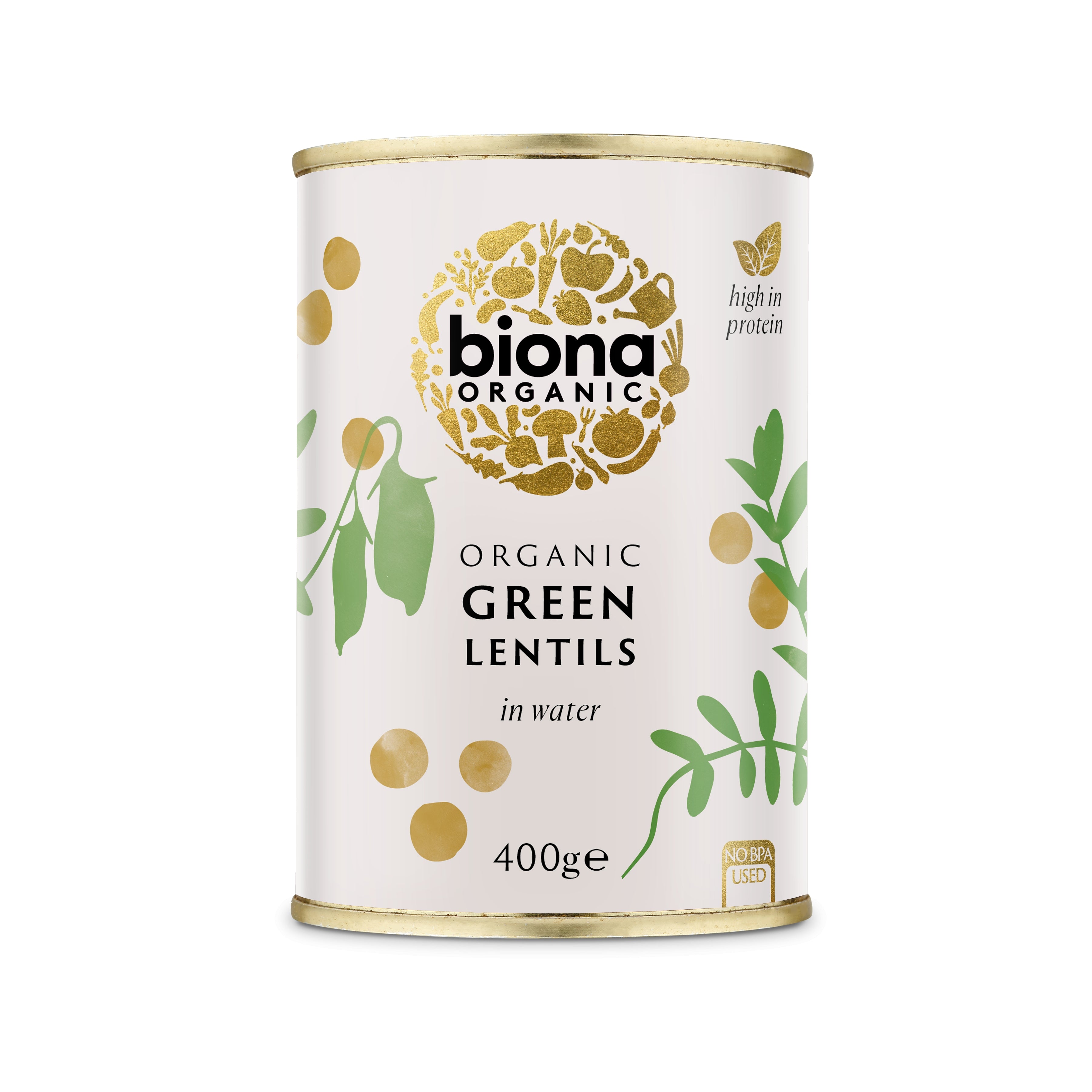 Conservă Biona 400g linte verde eco, etichetă albă cu verde și auriu.