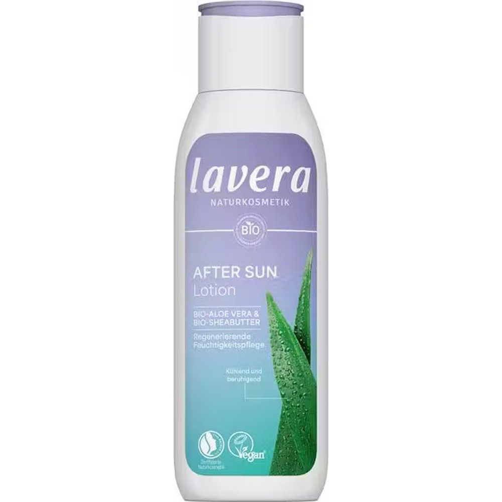 Lotiune after sun Lavera cu aloe vera bio și unt de shea, 200 ml, sticlă albă și etichetă mov.