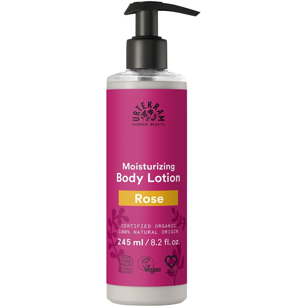 Lotiune de corp cu trandafir Urtekram 245ml, sticlă roz, capac negru, certificare organică.