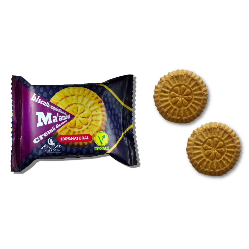 Biscuiți Ma'amoul cu cremă de curmale, ambalaj mov, 60 g, vegan, 100% natural.