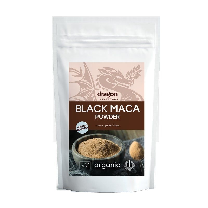 Pudră maca neagră organică raw 100g ambalaj alb și maro.