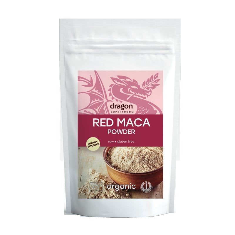 Maca roșie pudră raw eco 100g, ambalaj alb cu etichetă roz, grafică dragon.