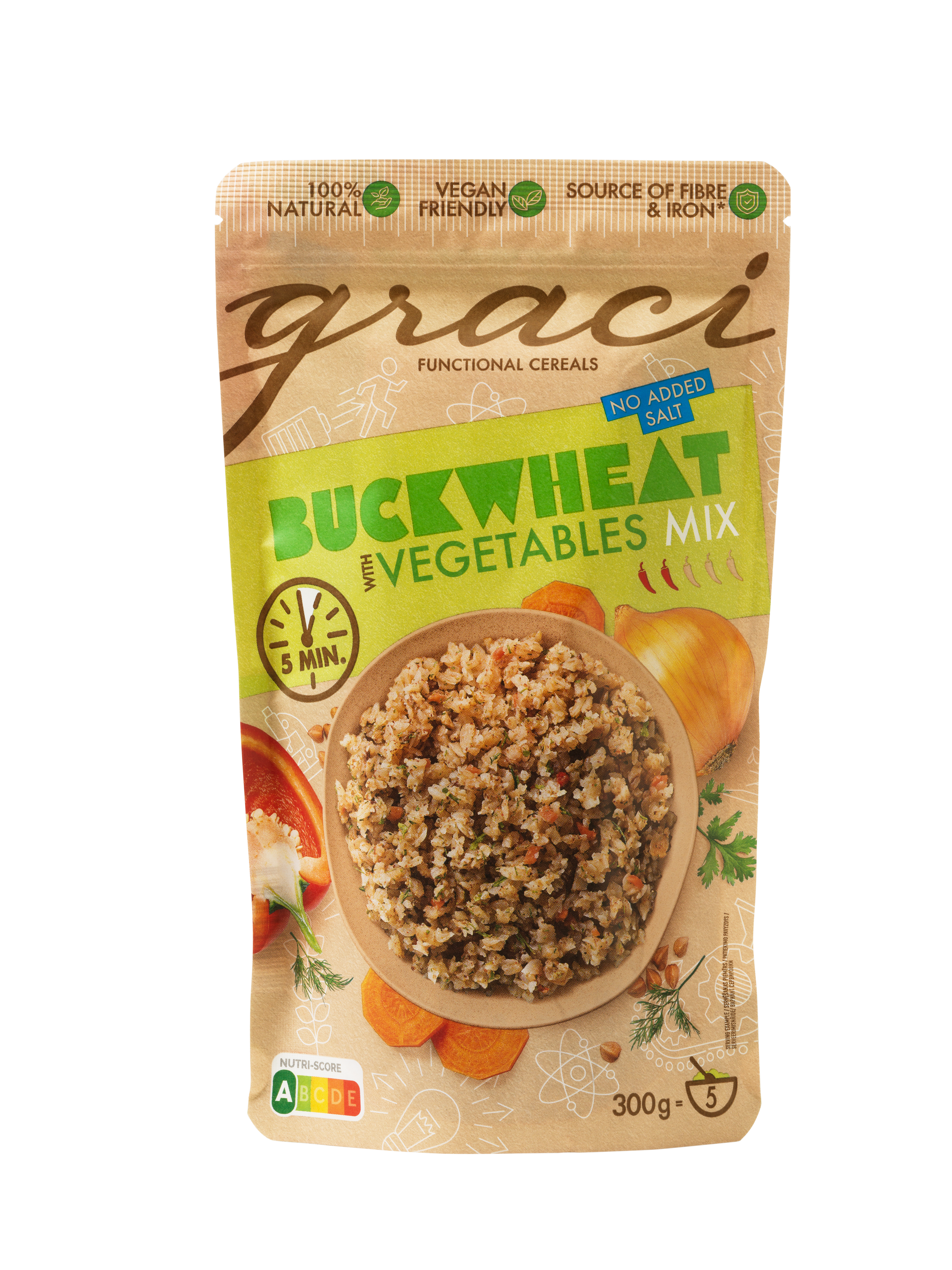 Mâncare instant hrișcă cu legume, 300g, ambalaj crem cu grafică colorată.