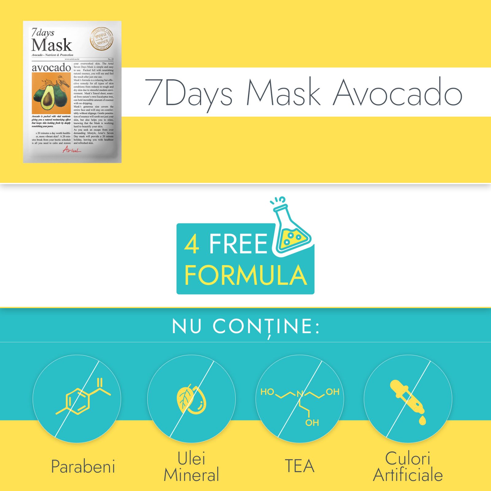 Masca avocado Ariul, 7days, fără parabeni, ulei mineral, TEA, culori artificiale, ambalaj galben, 20g.