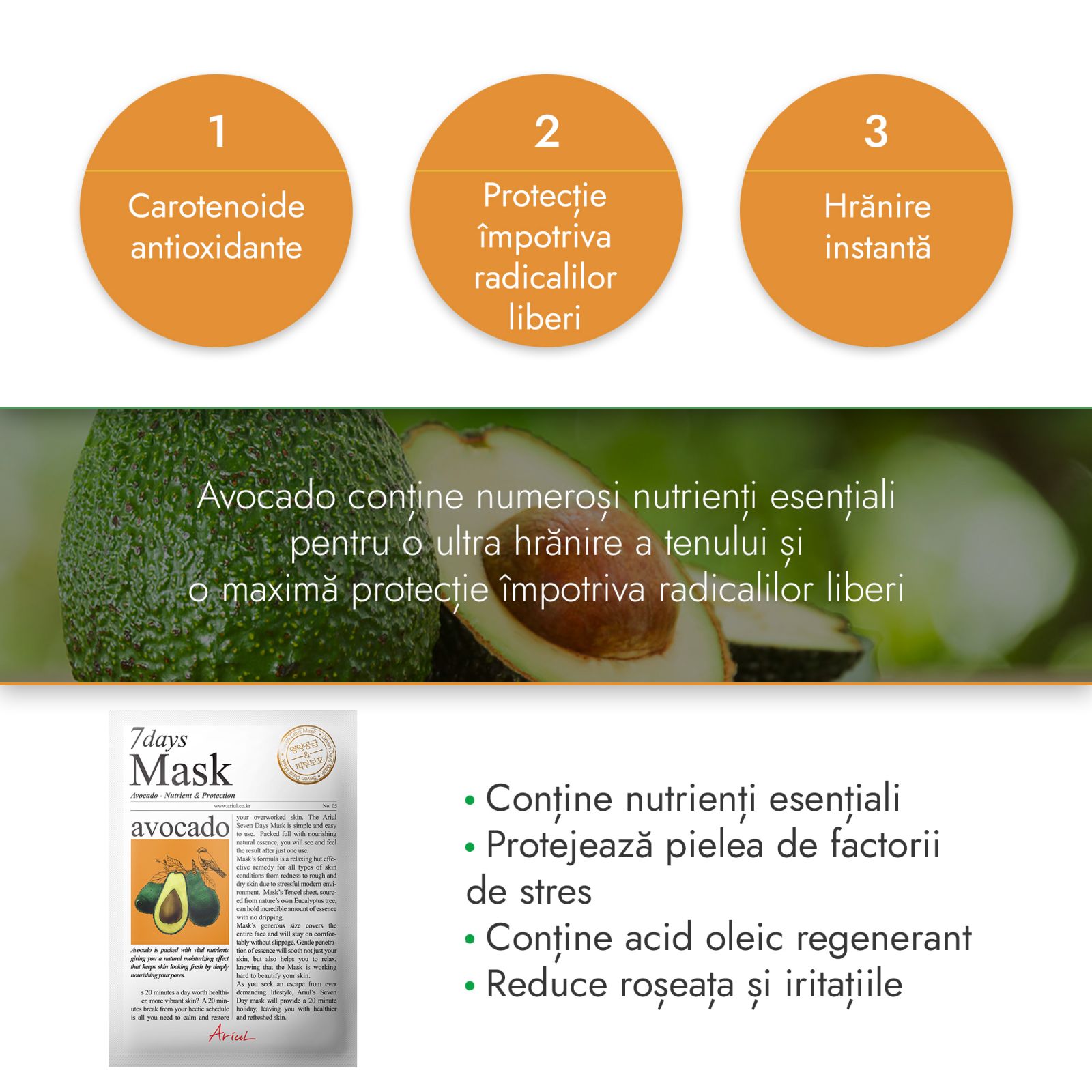 Masca Ariul 7days avocado, nutriție și protecție cu antioxidanți, 20g, ingrediente naturale.