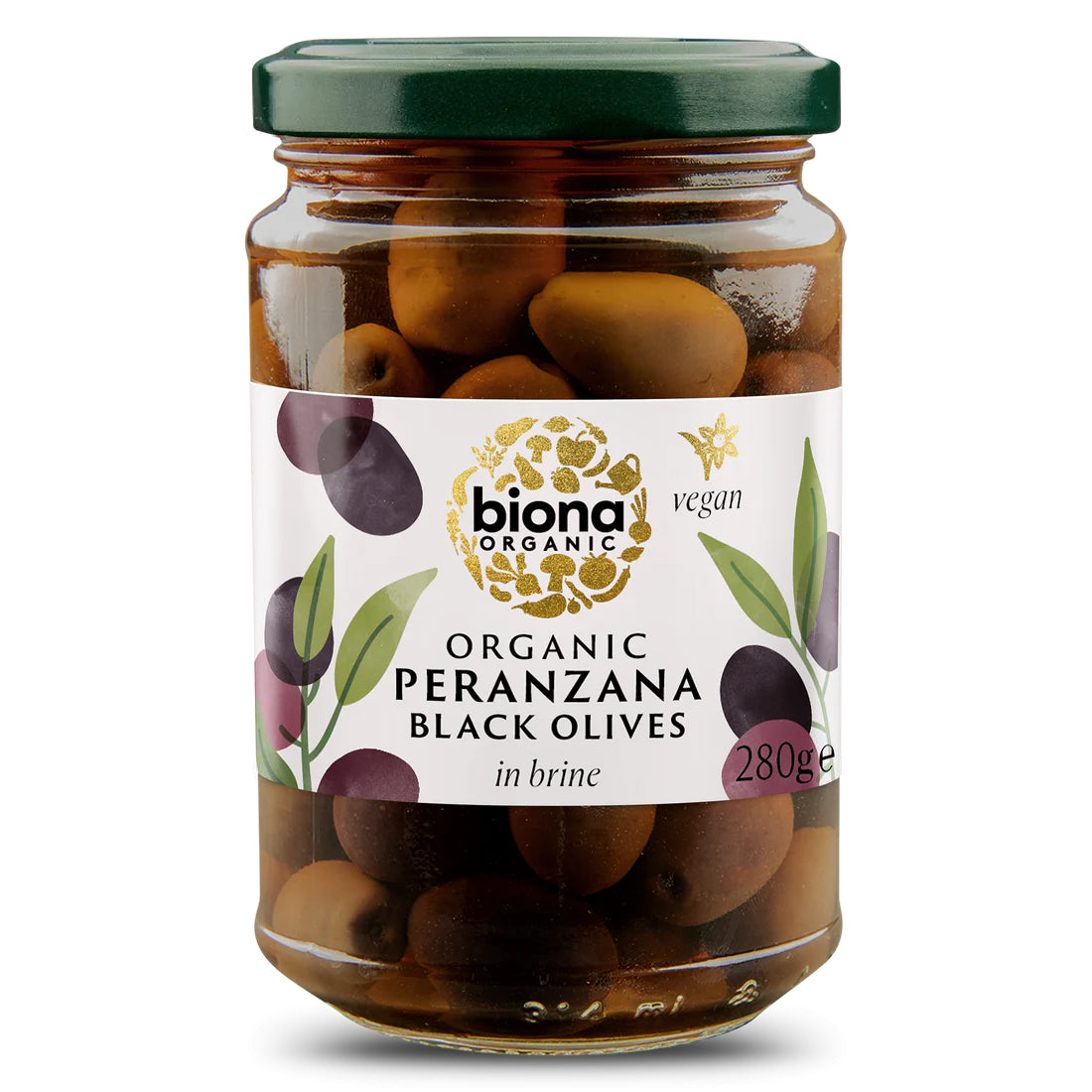 Masline negre Peranzana bio in saramura 280g Biona, borcan sticla, eticheta albă.