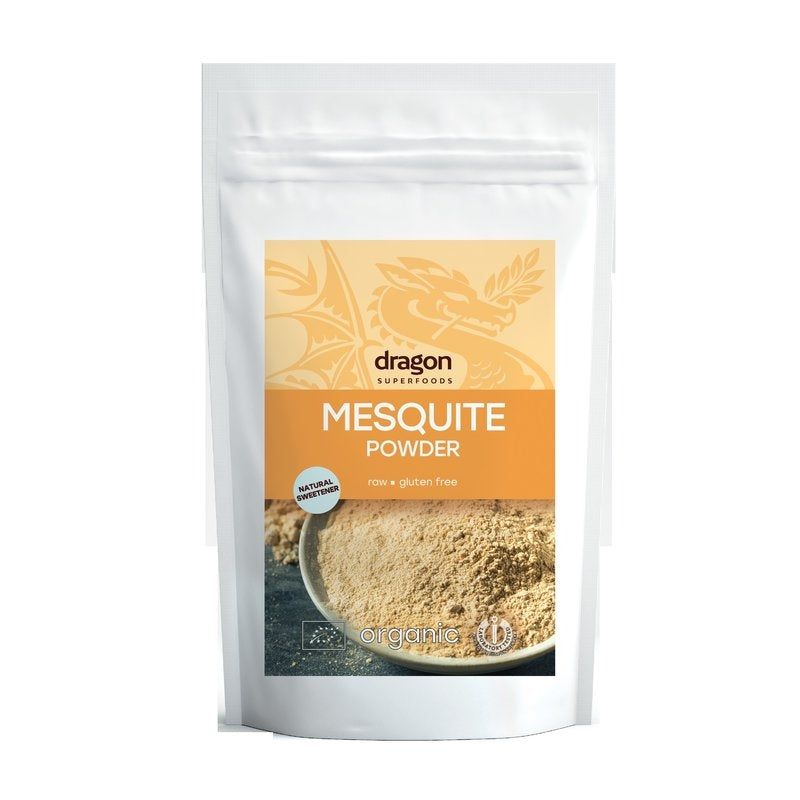 Pudră eco Mesquite 200g Dragon Superfoods, naturală, fără gluten, ambalaj alb și portocaliu.