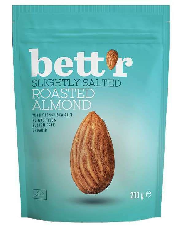 Pungă albastră cu migdale prăjite și sărate Bettr 200g, text alb, migdală imaginează.