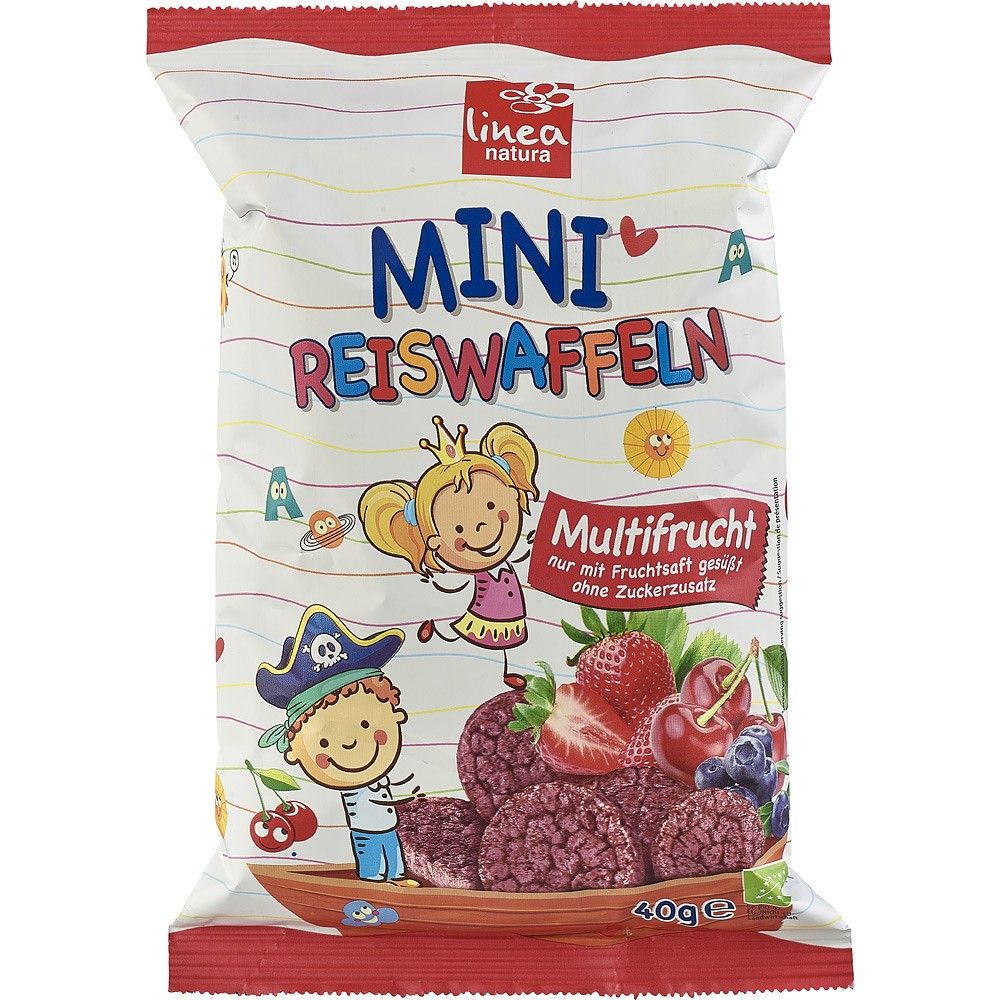 Mini rondele bio orez multifruct Linea natura, 40g, pachet colorat, fructe uscate roșii, fără zahăr.