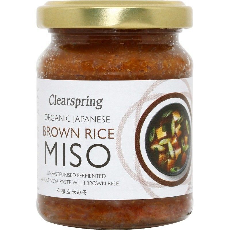 Borcan Clearspring Miso Orez Brun Nepasteurizat 150g, capac auriu, etichetă albă.