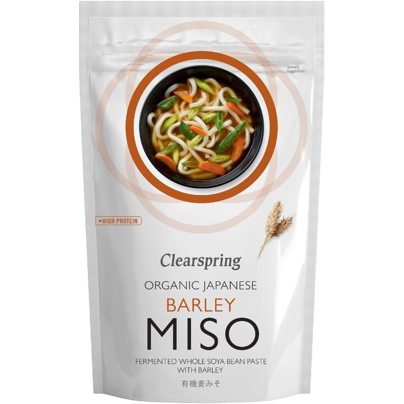 Miso Orz Eco Clearspring 300g, ambalaj alb, grafică tradițională cu supă japoneză și spice de orz.