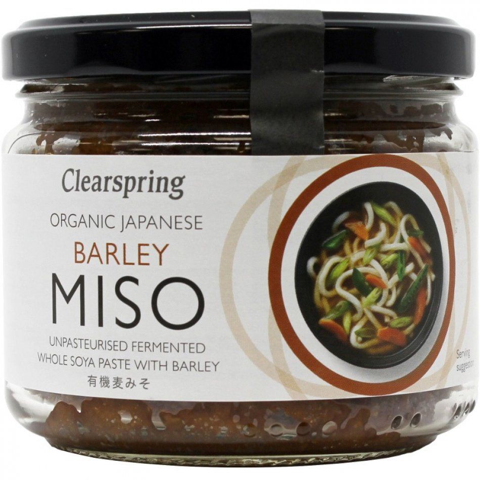 Miso Orz Nepasteurizat 300g Clearspring, borcan cu capac negru, etichetă albă cu text și imagine supă.