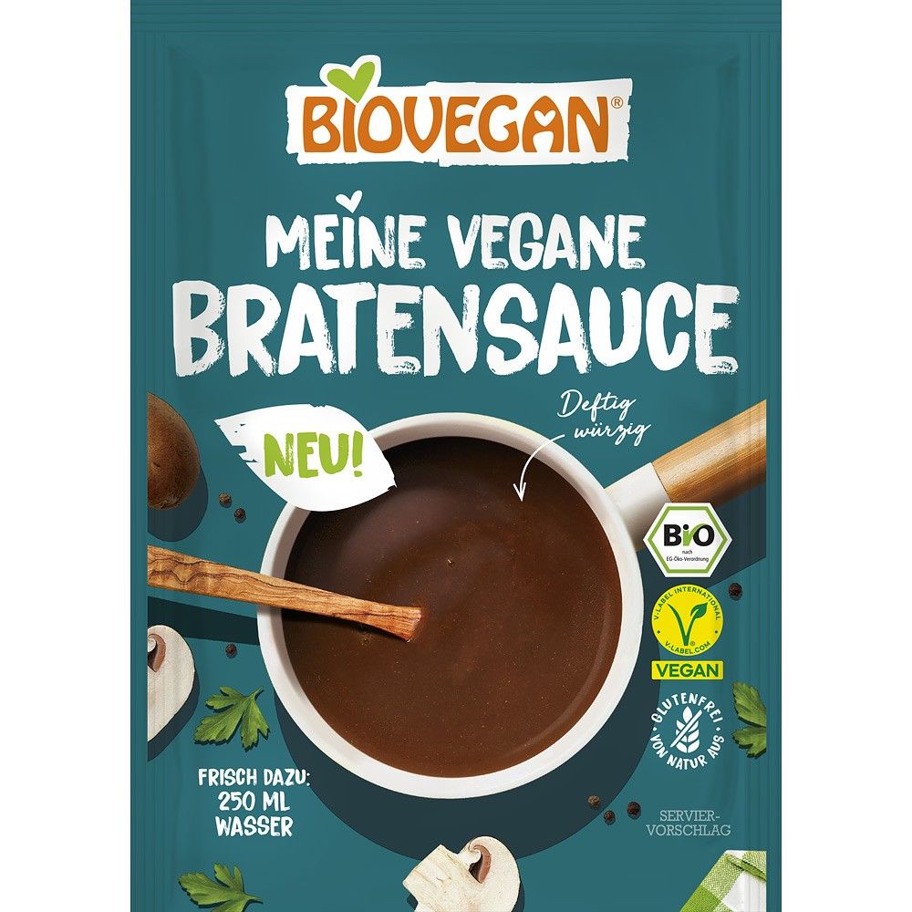 Mix bio sos Braten vegan 25g Biovegan, pachet verde, etichetă vegan, fără gluten.