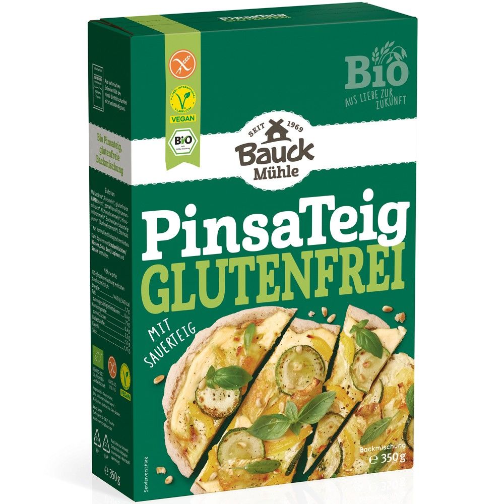 Mix blat de pizza cu maia BauckHof, vegan, fără gluten, bio, 350g, ambalaj verde-alb.