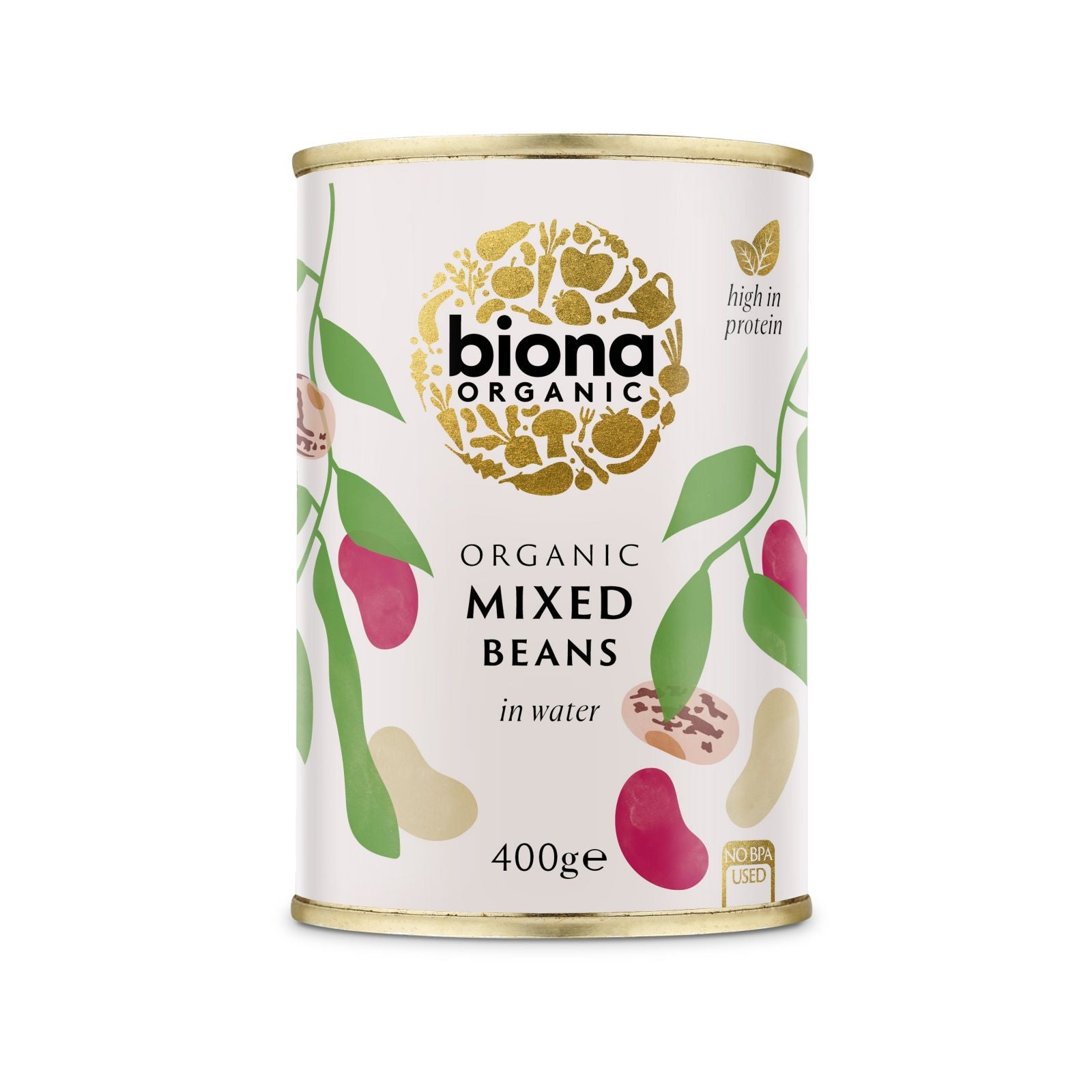 Mix din 3 tipuri de fasole boabe eco Biona 400g, cutie albă cu design colorat.