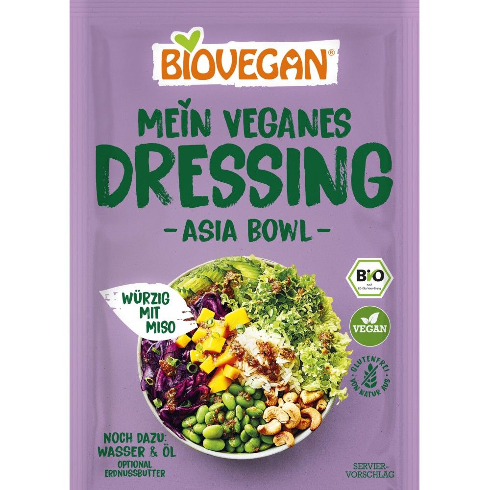 Mix dressing bio Asia fără gluten vegan 13g Biovegan în ambalaj mov, cu salată pe fundal.