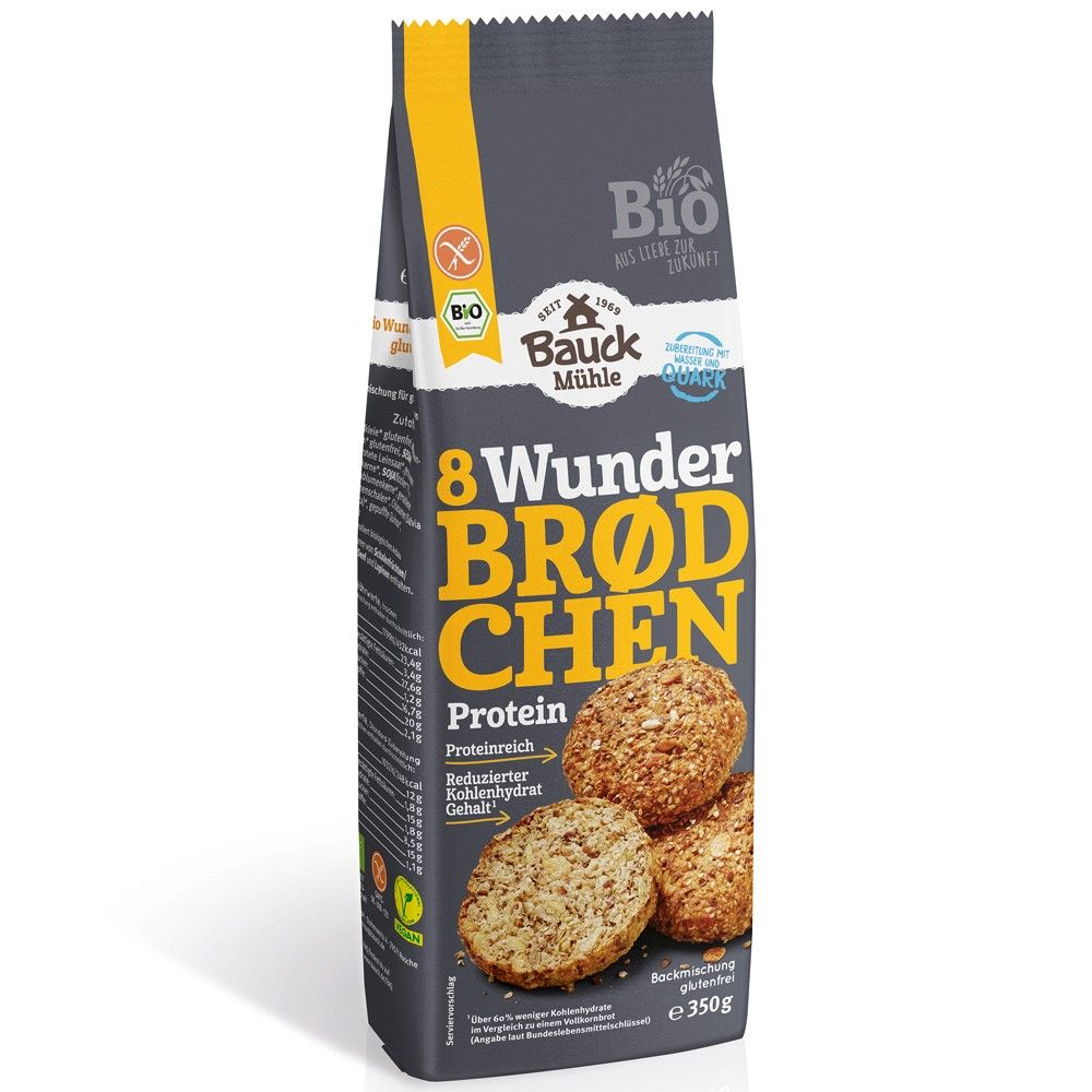 Mix de făină pentru chifle proteice fără gluten, bio, BauckHof, ambalaj gri și galben, 350g.