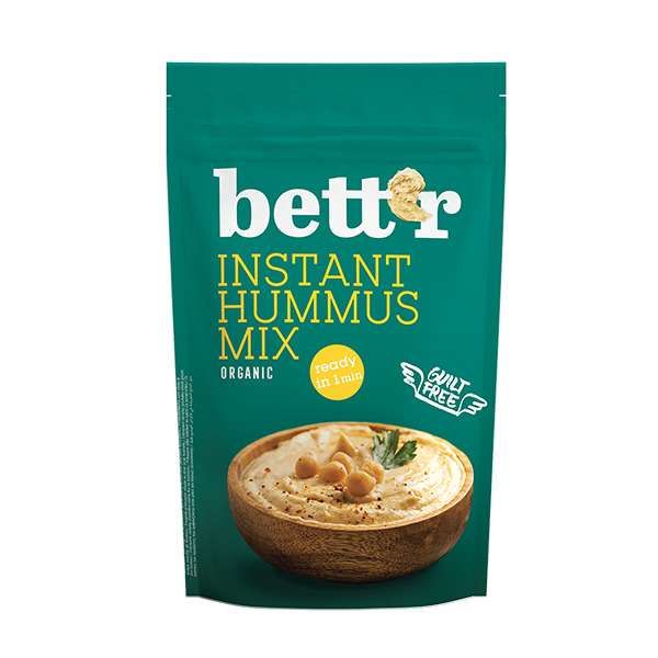 Mix hummus instant bio 200g Bettr în pachet verde, cu imagine hummus și năut.