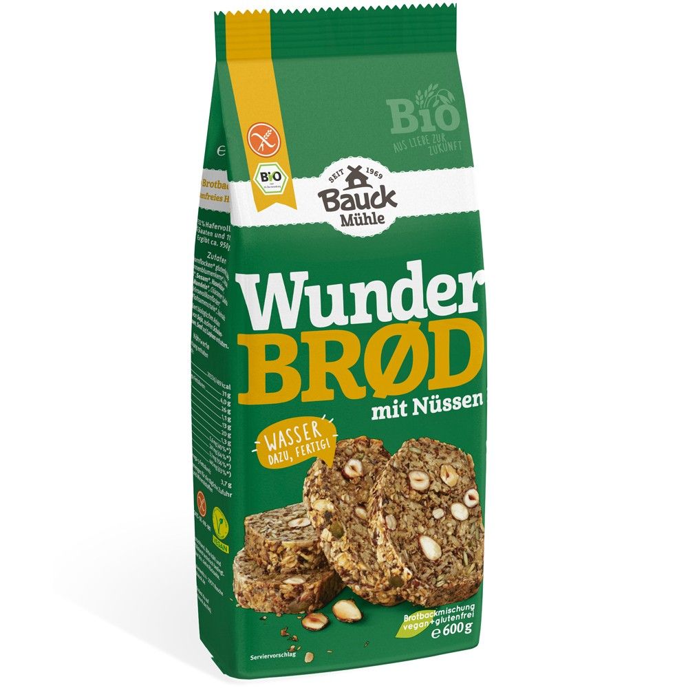 Mix pâine cu semințe și nuci BauckHof, fără gluten, bio, 600g, ambalaj verde.