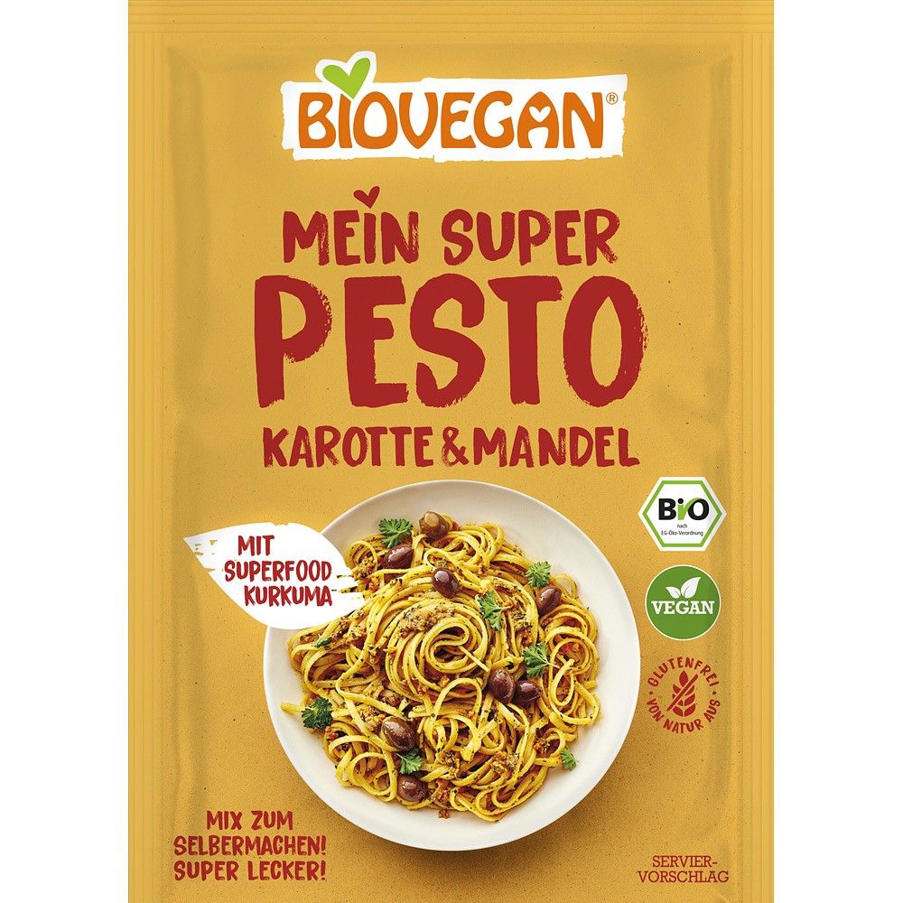 Mix pesto bio cu morcovi și migdale Biovegan, ambalaj galben, etichete vegan și fără gluten.