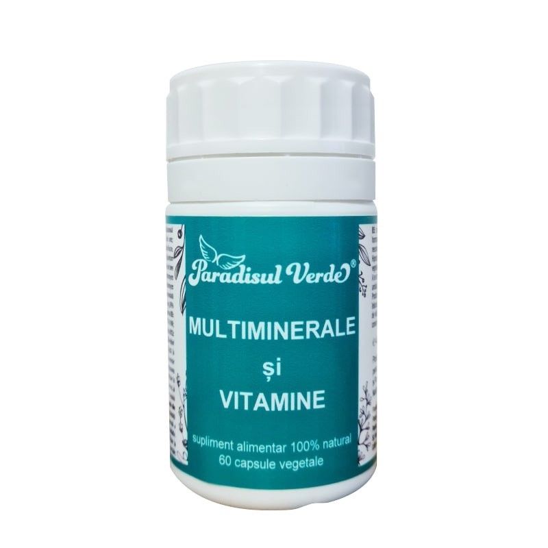 Supliment Multiminerale Vitamine Paradisul Verde, flacon alb cu etichetă turcoaz, 60 capsule vegetale.