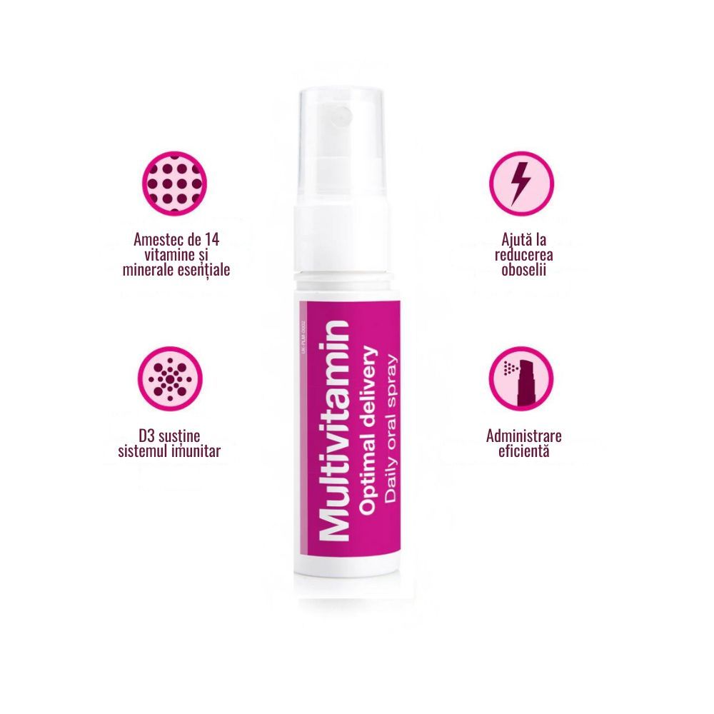 Spray oral Multivit 25 ml, BetterYou, roz, cu amestec de 14 vitamine și minerale esențiale.
