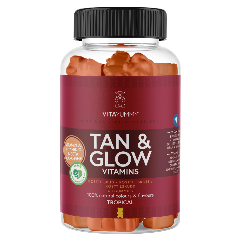 Ursuleți gumati vegani Vitayummy, 60 jeleuri de culoare portocalie, ambalaj roșu, capac negru.