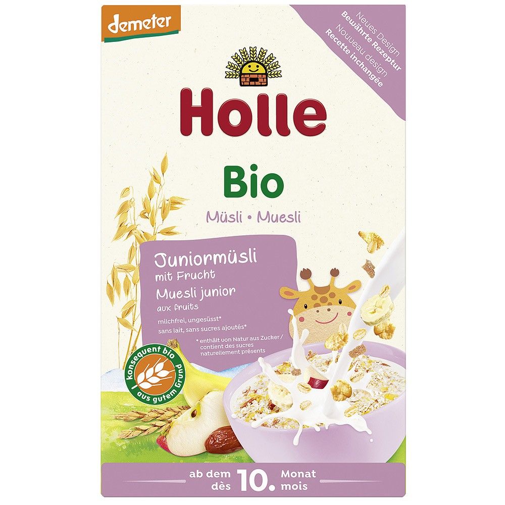 Musli bio junior Holle 250g pentru copii 10 luni, cu cereale și fructe, ambalaj colorat atractiv.