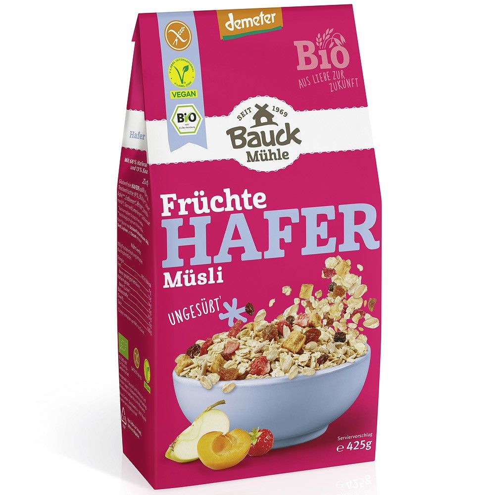 Müsli bio fără gluten cu ovăz, mere, stafide și curmale 425g BauckHof. Ambalaj roz.