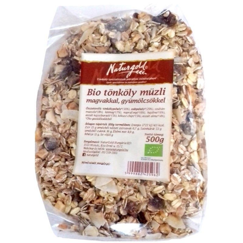 Musli de grâu spelta bio Naturgold, 500g, cu semințe, fructe, ambalaj transparent.