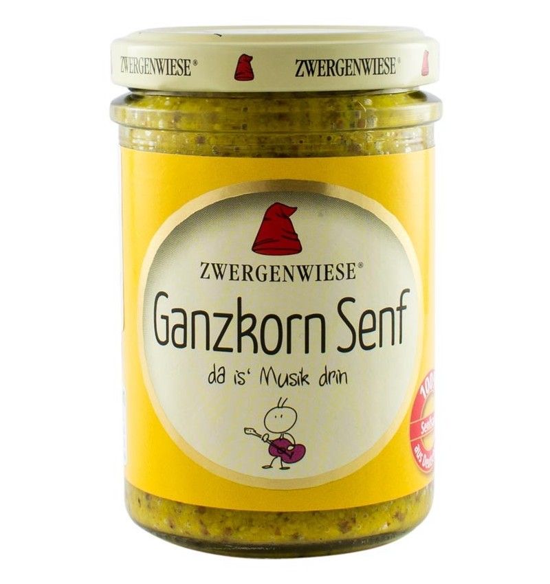 Borcan de muștar bio cu boabe întregi fără gluten Zwergenwiese, 160ml, etichetă galbenă.