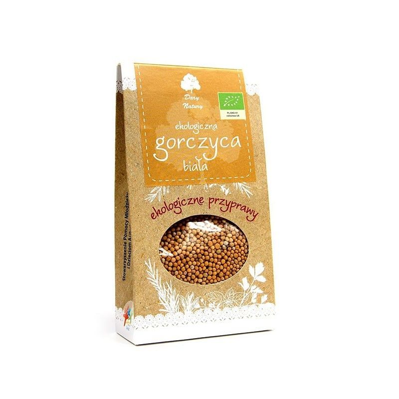 Mustar boabe 90g Dary Natury, ambalaj carton maro, etichetă și siglă eco.