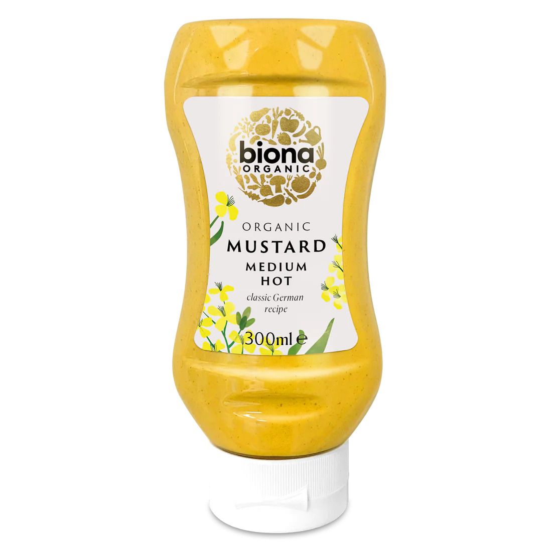 Mustar picant bio Biona 300ml, etichetă albă cu flori galbene, capac alb.