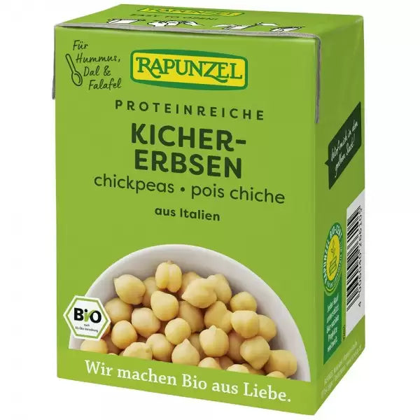 Năut bio Rapunzel 380g, ambalaj verde, etichetă cu inscripții nutriționale și certificare ecologică.