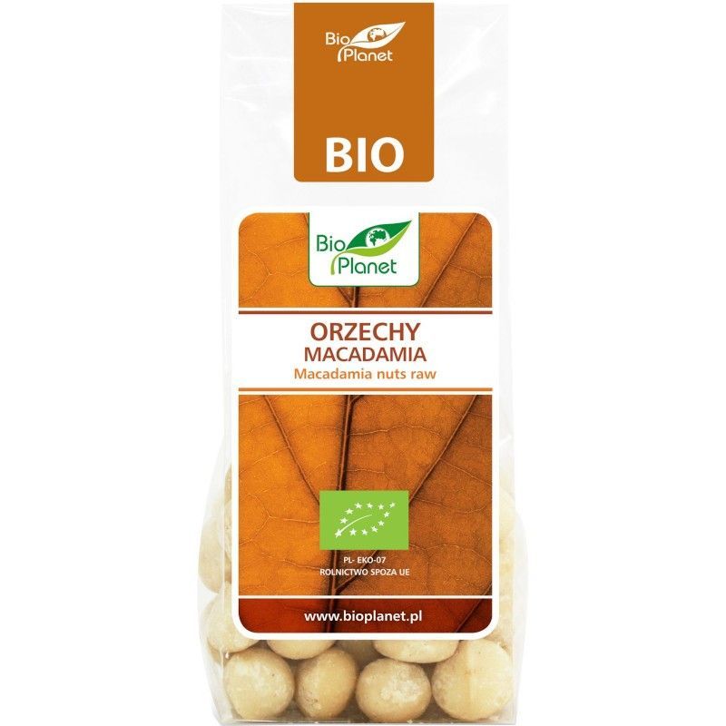 Nuci de Macadamia Bio 75g Bio Planet, ambalaj transparent, logo Bio, etichetă maro.