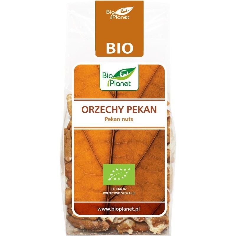 Nuci Pecan Bio 100g Bio Planet, ambalaj transparent, etichetă maro.