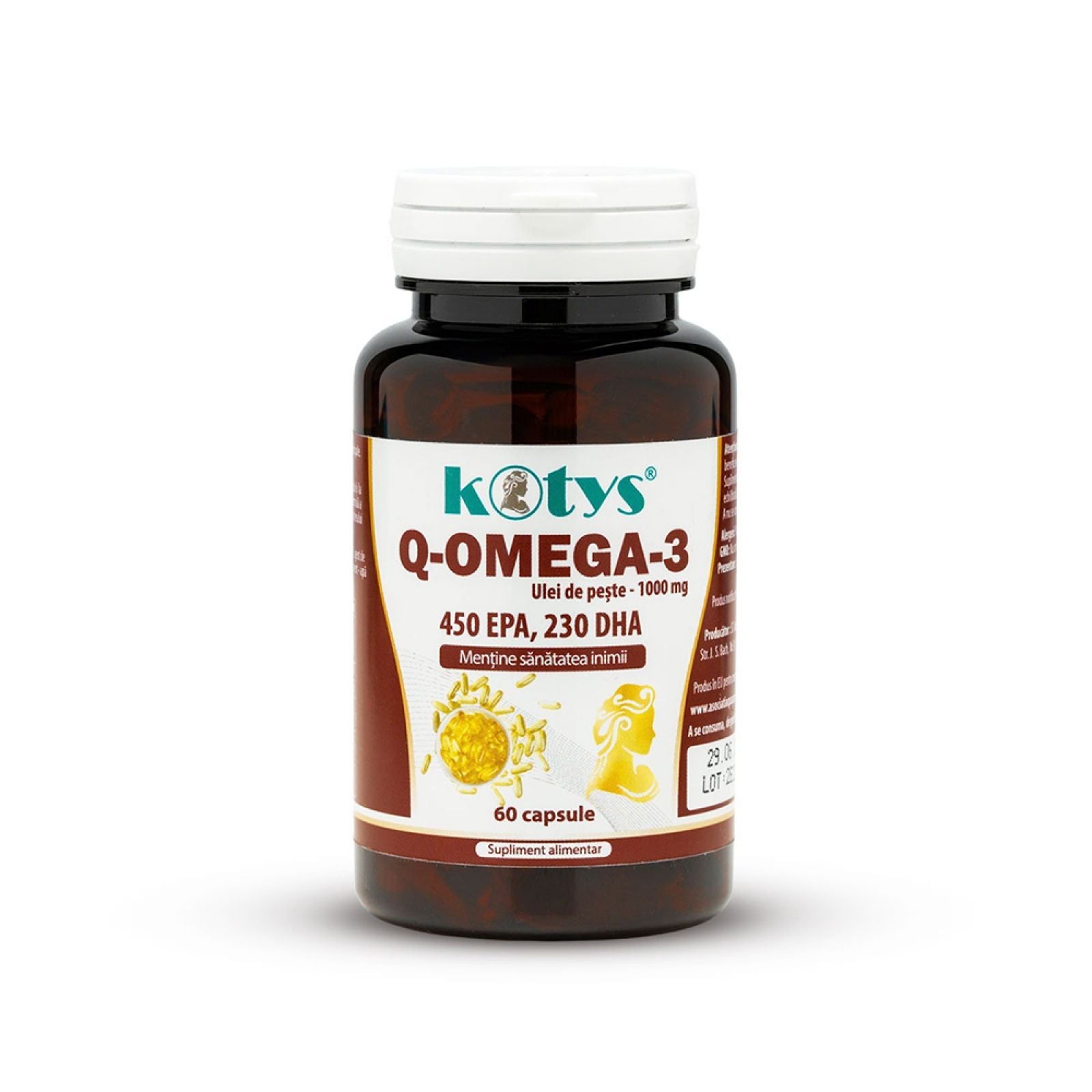 OMEGA 3 Ulei Peste KOTYS, 1000mg, 60 capsule, flacon maro, etichetă albă-maro.