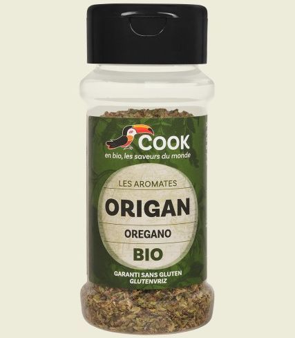 Oregano bio 13g Cook, recipient reutilizabil, fără gluten, design verde-negru, condimente premium.