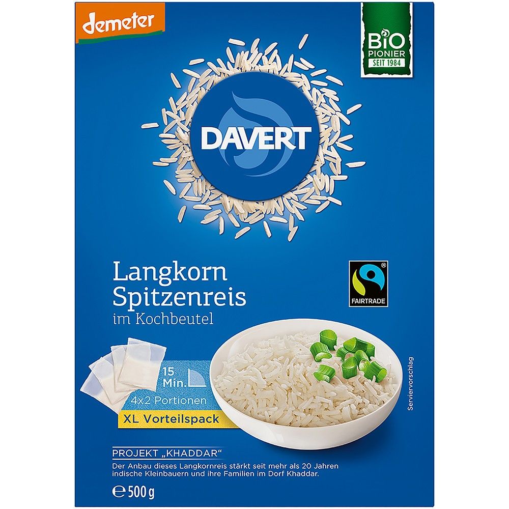 Orez cu bob lung bio Davert, 4x2 portii, 500g, pachet albastru.